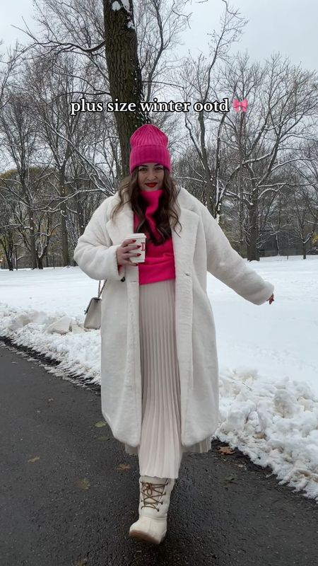 Plus size winter pink sweater, pleated skirt and coat outfit 

Sizing: 2X in sweater / XL in skirt / 2X in coat / 3X in shapewear / lip shade is 999 velvet 

#LTKplussize #LTKSeasonal #LTKstyletip