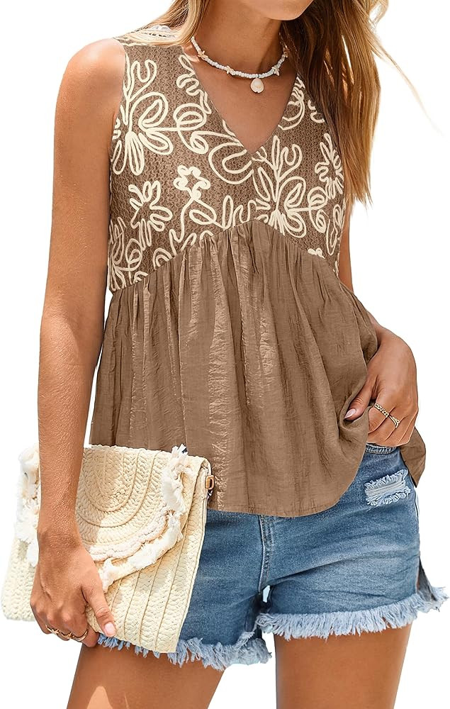 Glamaker Womens Summer Crochet Embroidered Tank Tops Babydoll Flowy Peplum Blouse Sleeveless V Ne... | Amazon (US)