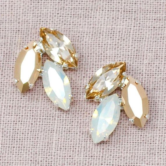 White Opal Silk Rose Gold Cluster Leaf Earrings,Bride,Bridal Earrings,SWarovski Crystal Stud Earring | Etsy (US)