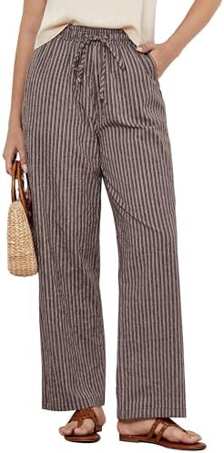 GRAPENT Striped Pants for Women High Waisted Wide Leg Cotton Linen Trendy Beach Pull on Elastic W... | Amazon (US)