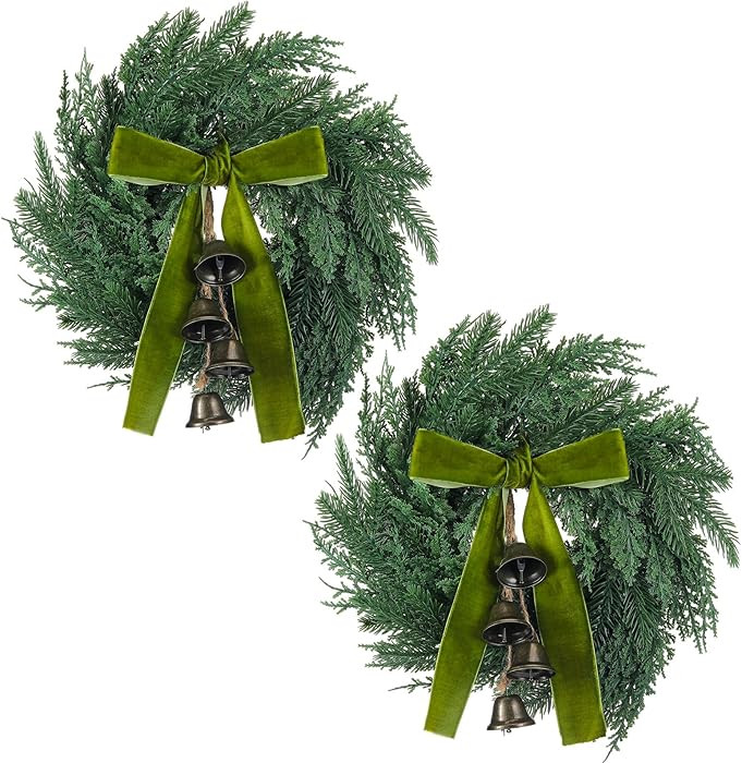 Chuangdi 2 Pcs Small Norfolk Wreath with Cypress Cow Bells and Velvet Ribbon Bow 11.8 Christmas K... | Amazon (US)