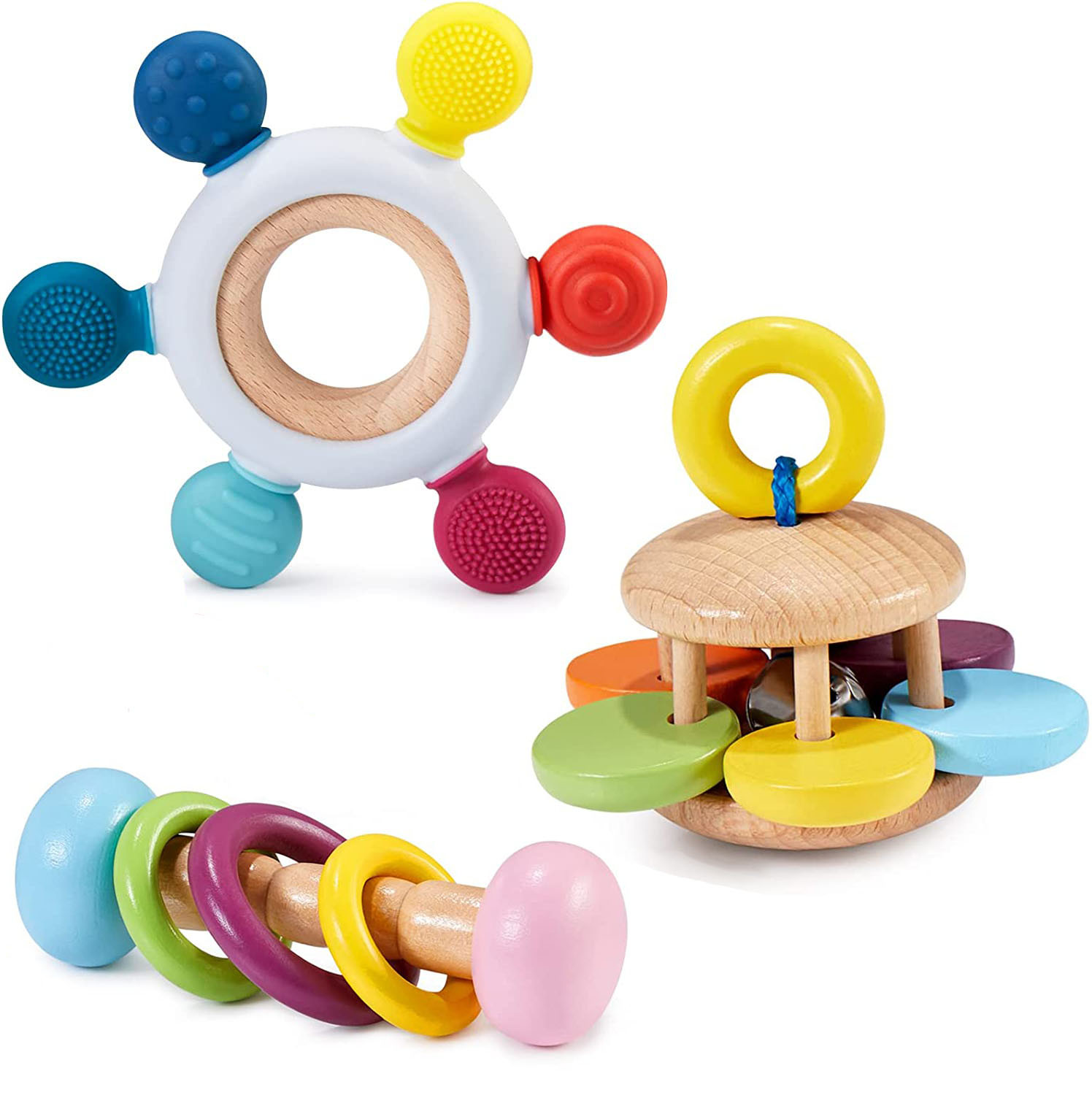 Style-Carry 3Pcs Montessori Toys for Babies 18+ Months Wooden Rattle Baby Teething Toys Silicone ... | Walmart (US)