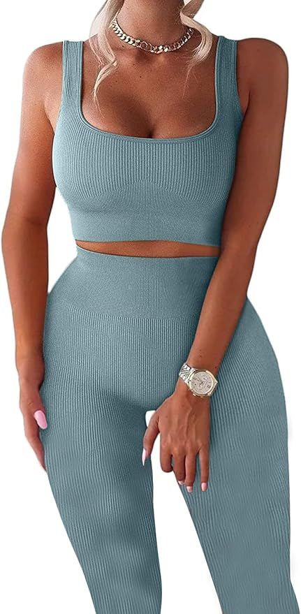 TWFRHC Women's Workout Sets Ribbed Tank 2 Piece Seamless High Waist Gym Outfit Yoga Shorts Sets | Amazon (US)