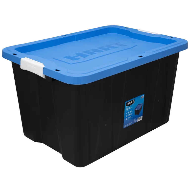HART - 27 Gallon Heavy Duty Latching Plastic Storage Bin, Black Base/Blue Lid - Walmart.com | Walmart (US)