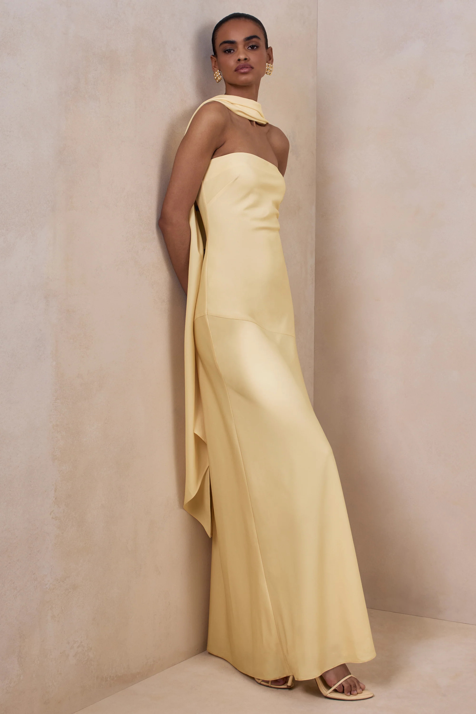 Charly | Lemon Satin Bandeau Maxi Dress With Scarf-Detail | Club L London