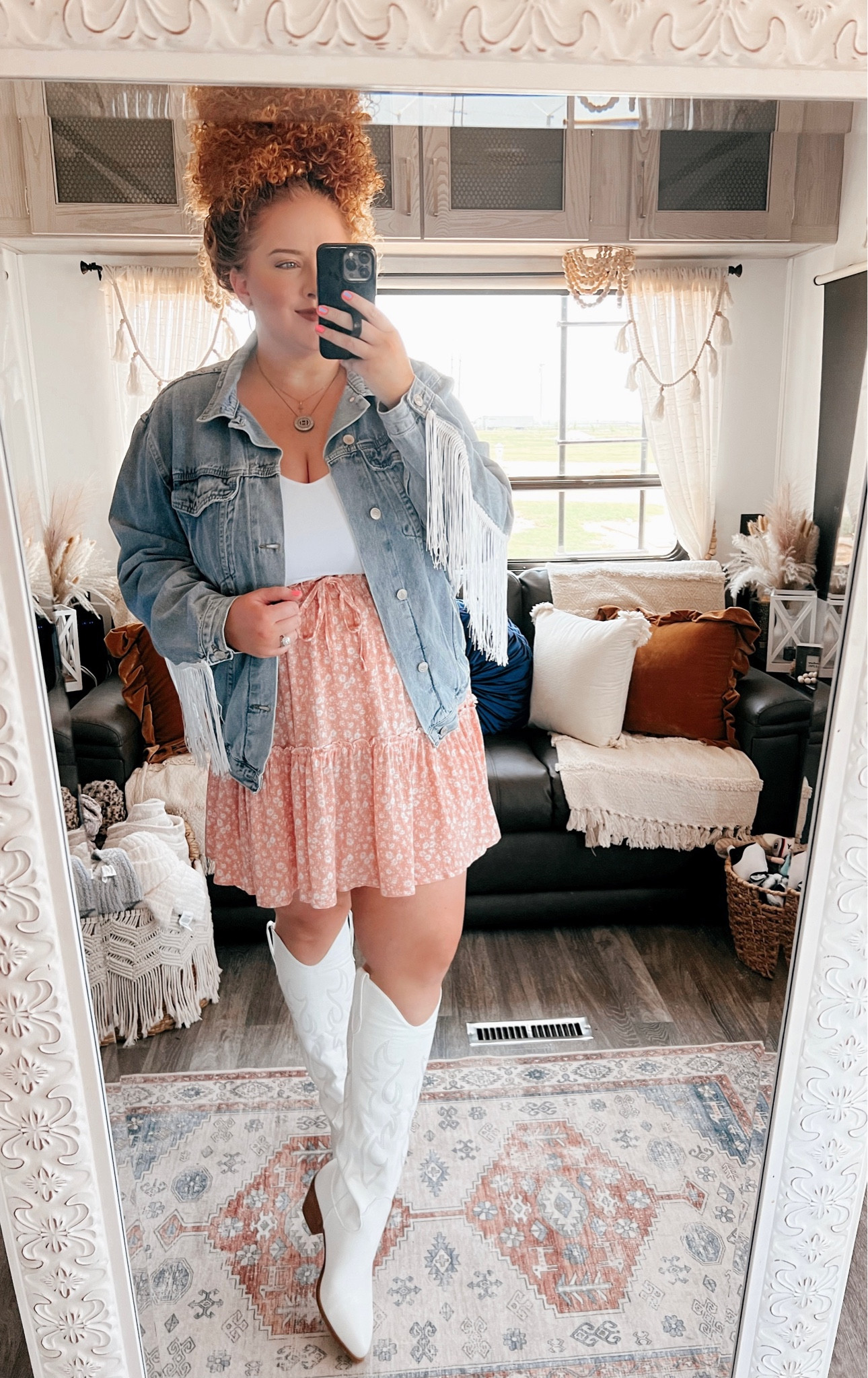 This is such a cute concert look 💖 concert look | concert outfit | concert outfit inspo | bodysuit | white bodysuit | amazon bodysuit | denim jacket | fringe denim jacket | amazon fringe denim jacket | skirt | floral skirt | white boots | amazon boots | amazon white boots | amazon cowboy boots | Nashville outfit | Nashville look | Nashville bachelorette outfit | western concert | country concert | Morgan wallen concert | Taylor swift concert 

#LTKstyletip #LTKcurves #LTKSeasonal