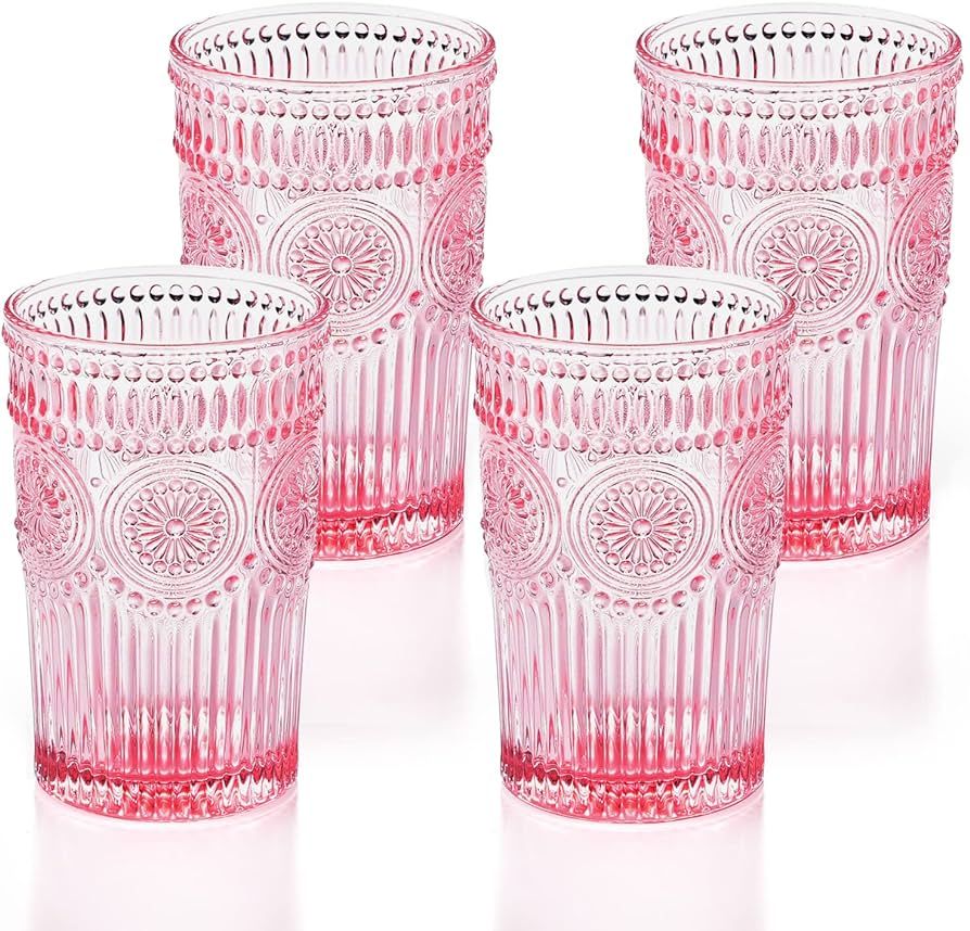 GLASS SMILE 4 Pack Romantic Water Glasses-12 OZ Pink Vintage Drinking Glasses Tumblers for Whisky... | Amazon (US)