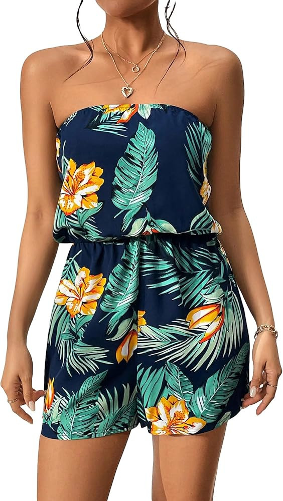 WDIRARA Women's Tropical Print Sleeveless Strapless Wide Leg Tube Romper Jumpsuit Boho Shorts | Amazon (US)