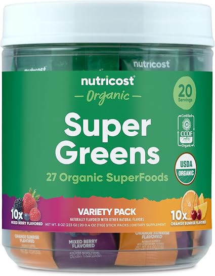 Nutricost Organic Super Greens (Variety Pack) 20 Stickpacks - Gluten-Free, GMO-Free | Amazon (US)