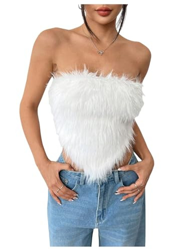 MakeMeChic Women's Fur Tops Concert Fuzzy Crop White Tube Tops Y2K Bandeau Snooki Outfit | Amazon (US)