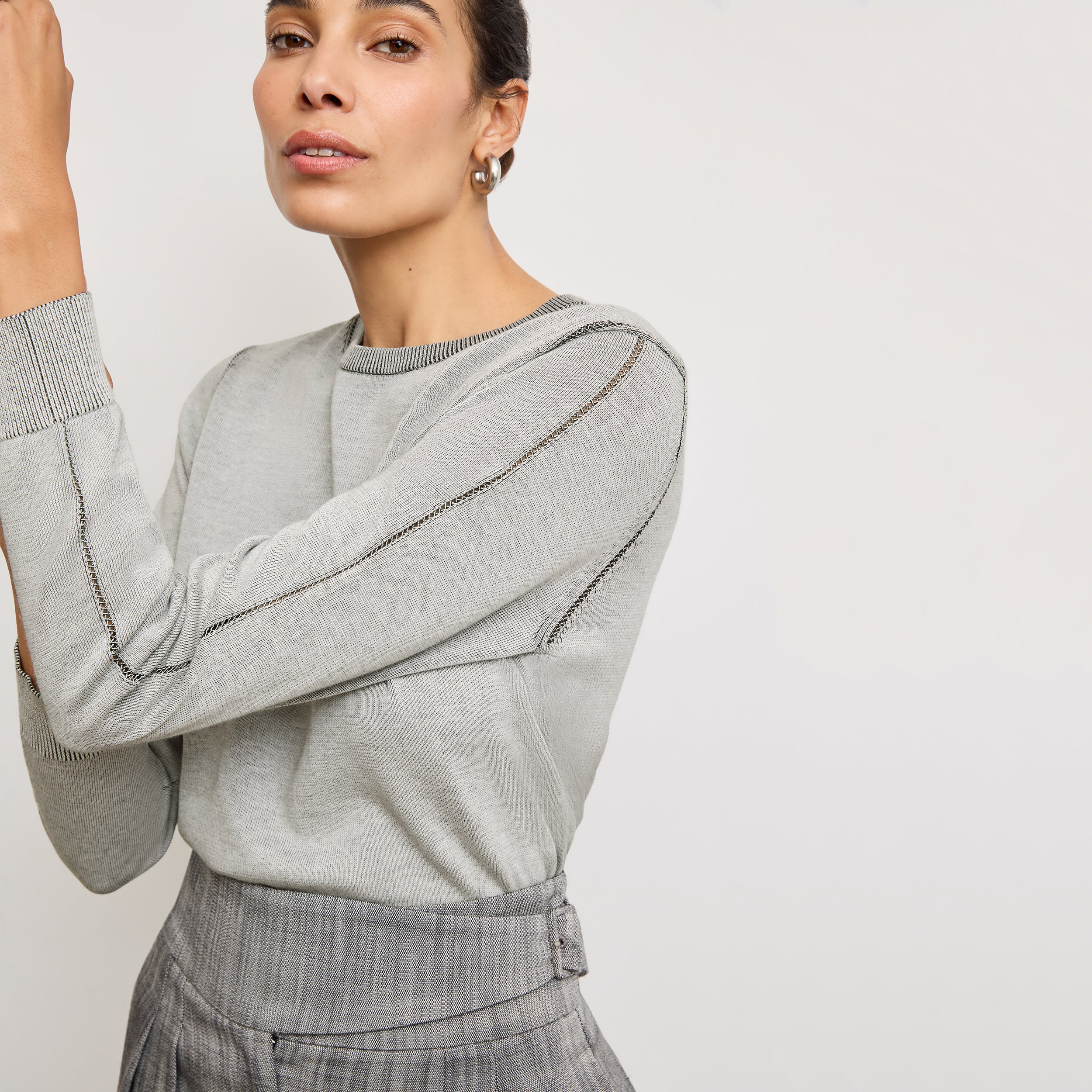 Larissa Pointelle Sweater - Cotton Silk Knit :: Light Gray/Black | MM LaFleur