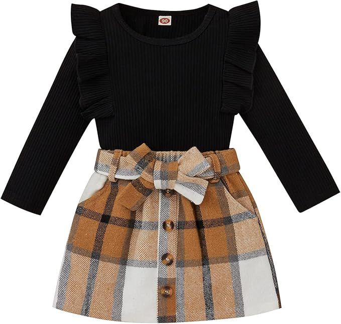 Toddler Girl Clothes Winter Outfits Skirts Set Ruffle Top Plaid Mini Skirt Spring Baby Boutique C... | Amazon (US)
