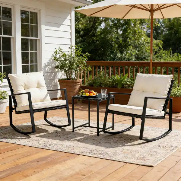 3 Piece Outdoor Bistro Set, Patio Black Metal Rocking Chairs with Coffee Table | Bed Bath & Beyond