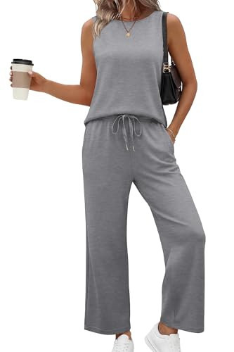 Sampeel Lounge Sets for Women 2 Piece Travel Airport Vacation Outfits Fashion Matching Sets Women Clothing Wide Leg Crop Pants Sets Grey S | Amazon (US)