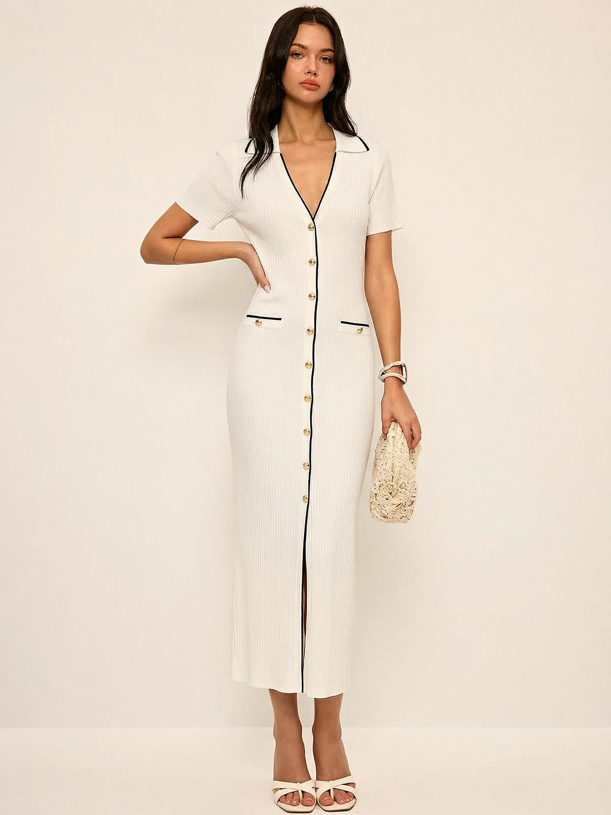 Contrast Trim Button Front Knit Maxi Dress | Commense