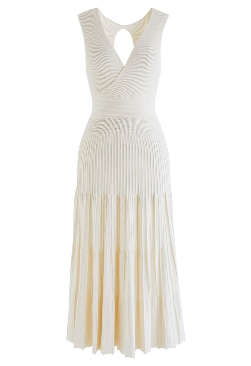 Cut Out Back Faux-Wrap Sleeveless Knitted Midi Dress in Cream | Chicwish