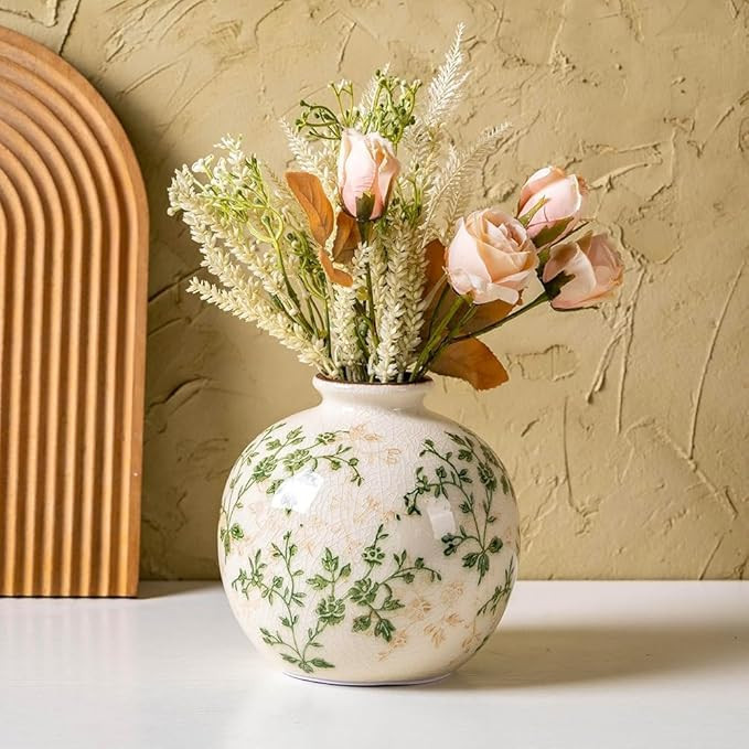 Green and Beige Pastoral Vase, Vintage Round Ceramic Floral Vases, Decorative Rustic Farmhouse Va... | Amazon (US)