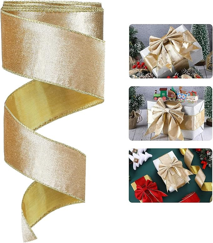 Christmas Velvet Ribbon Satin Ribbon Solid Color Wired Edge Ribbon Gold Trim Wrapping Ribbon Chri... | Amazon (US)