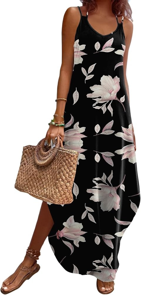 Zeagoo Women's Casual Sundress Summer Maxi Sleeveless V Neck Split Boho Beach Dress Travel Vacati... | Amazon (US)