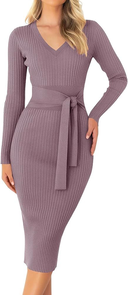 Women's 2023 Fall Sweater Dress V Neck Long Sleeve Ribbed Knit Tie Waist Slim Fit Bodycon Midi Dr... | Amazon (US)