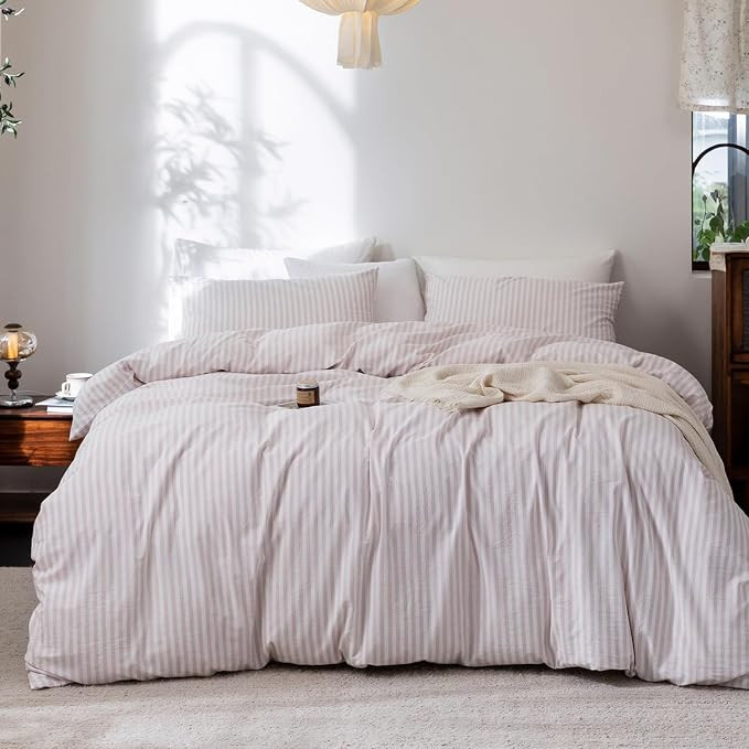 FOSSA Striped Duvet Cover Set 100% Washed Cotton Linen Feel Twin | Amazon (US)