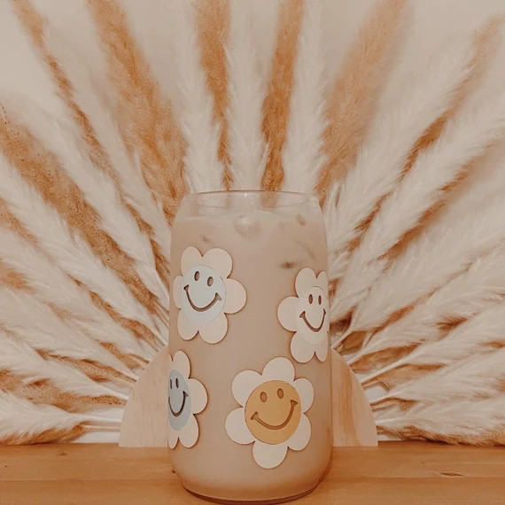 Retro Colorful Smiling Daisies Glass Cup  Iced Coffee Cup  | Etsy | Etsy (US)
