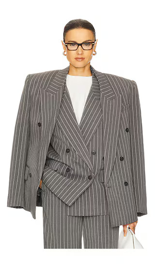 Pinstripe Double Breasted Blazer in Grey & White Stripe | Revolve Clothing (Global)
