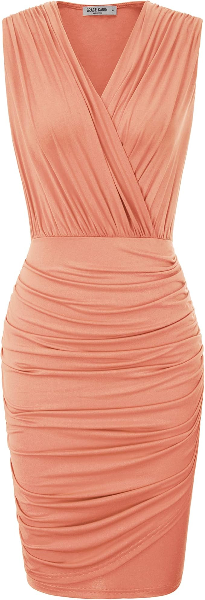 GRACE KARIN Women Retro Long Sleeve Ruched Wrap Party Pencil Dress | Amazon (US)