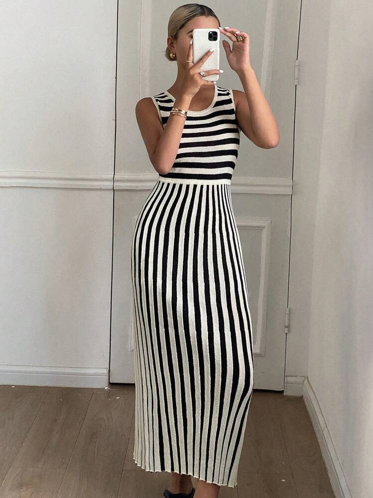 Livesso Striped Round Neck Sleeveless Women's Mid-Length Dress,Casual Women Dresses | SHEIN