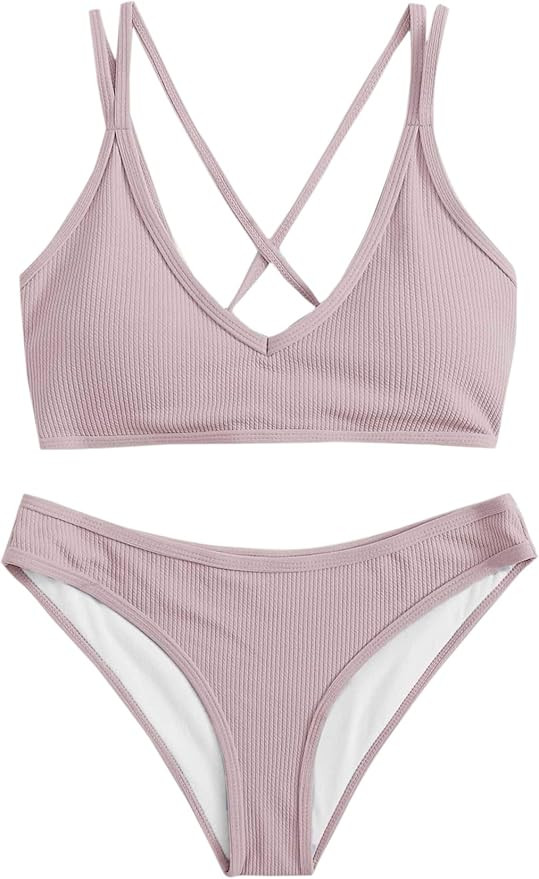 SweatyRocks Women's Bathing Suits Spaghetti Strap Criss Cross Back Bikini Ribbed Swimsuit | Amazon (US)