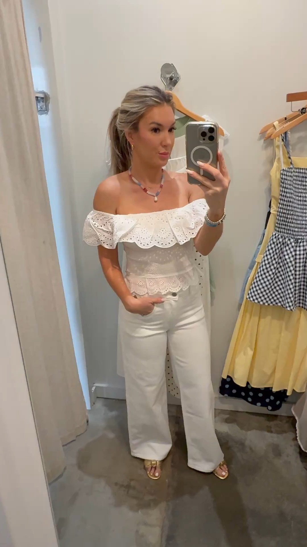 Pretty off the shoulder top has cute details. Wearing size small.  Wearing size 4 in white jeans. 

#whitejeans #offtheshouldertop #whitetop #springfit #springoutfit #springstyle 

#LTKootd #LTKOver40 #LTKSeasonal