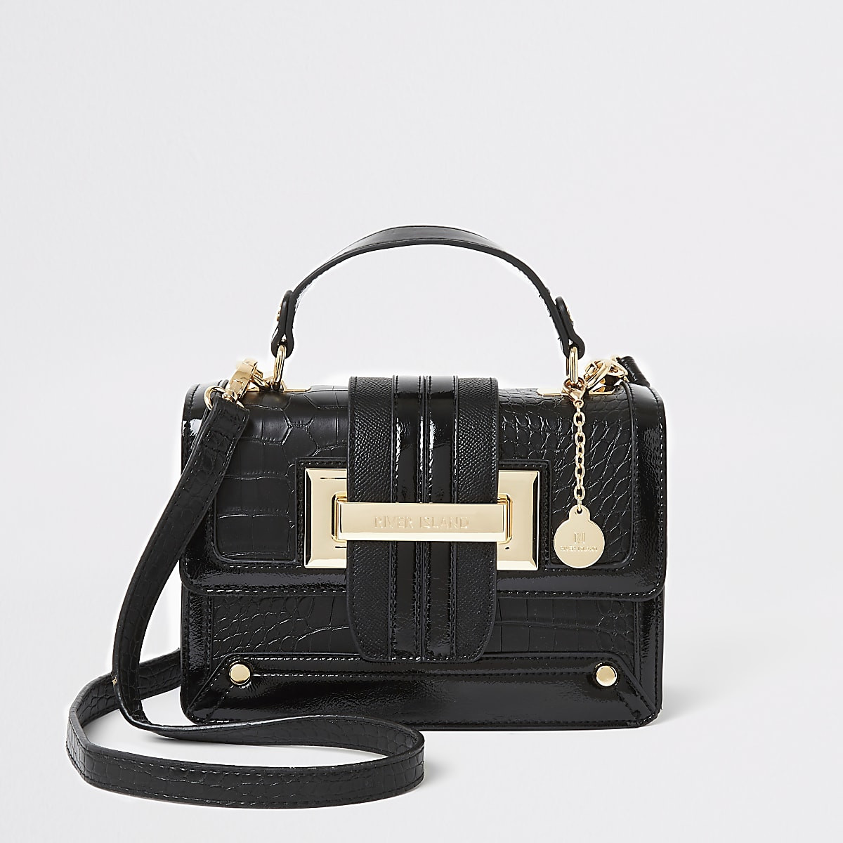 Black croc embossed satchel cross body bag | River Island (UK & IE)