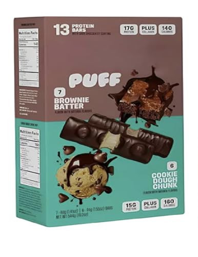 Puff Protein Bars,7 Brownie Batter, 6 Cookie Dough Chunk Flavor 17g Protein, Gluten Free, 19.2 oz 13 Variety Pack | Amazon (US)