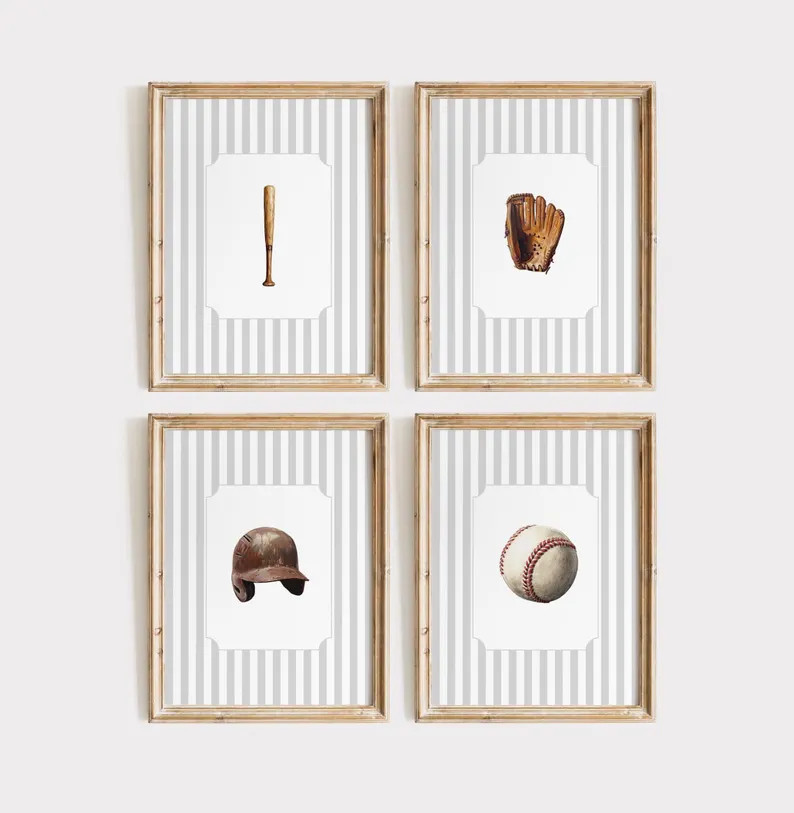 Baseball Art Set of 4 Vintage Baseball Prints Boys Room Baseball Printable Art Nursery Sports Gal... | Etsy (US)