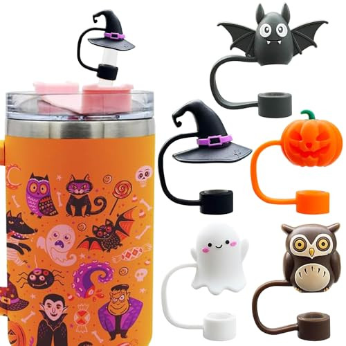5PCS Halloween Straw Toppers for Stanley Cup, Silicone Straw Topper, Straw Covers Cap for Stanley 30&40 Oz Tumbler with Handle, 10mm 0.4in Dust-Proof Reusable Straw Tips Lids for Halloween Gifts | Amazon (US)