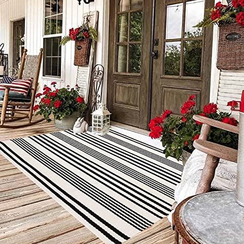 Black and White Outdoor Rug 3'x 5' Hand-Woven Cotton Washable Rug Striped Front Porch Rug Machine... | Amazon (US)