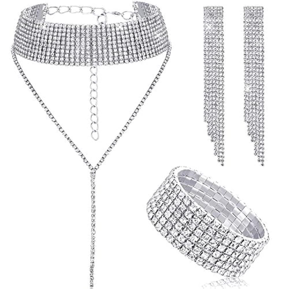 Hicarer 3 Pieces Women Rhinestone Jewelry Set Rhinestone Tassel Choker Necklace Fringe Bracelet Crystal Dangling Earring for Wedding Bridal Party | Amazon (US)