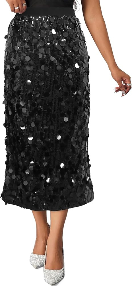 Shiny High Waist Sequin Skirt for Womens Back Slit Party Stretchy A line Sparkly Wedding Annivers... | Amazon (US)
