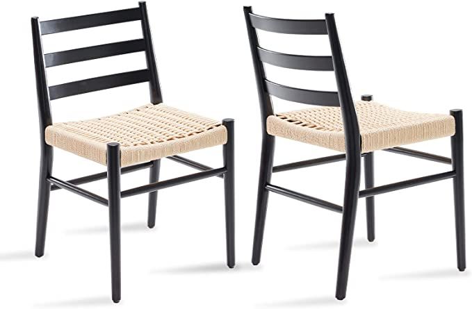 Wood Rattan Dining Room Chairs Comfortable Woven Seat, Fully Assembled, New Black - Set of 2 | Amazon (US)