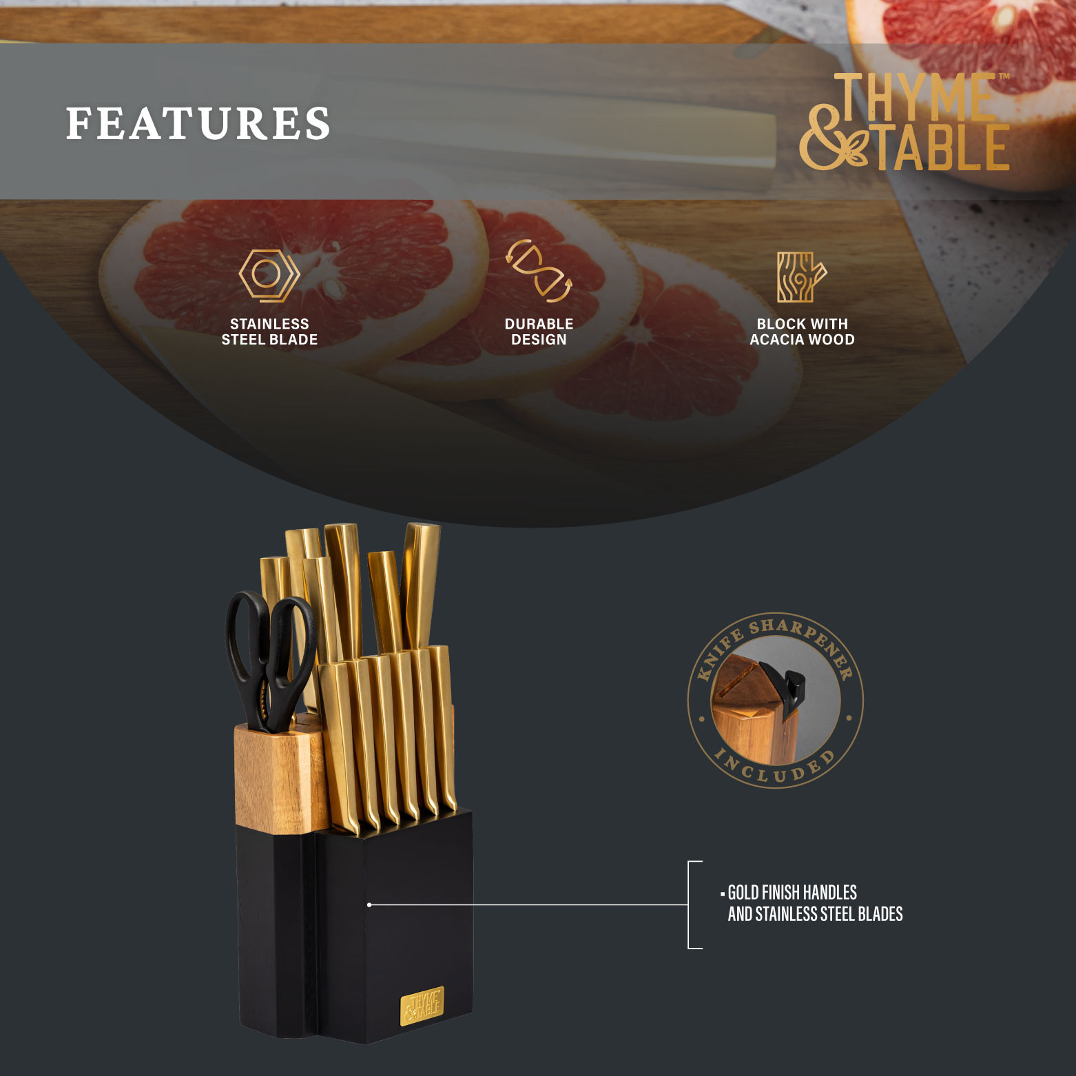 Thyme & Table 15-Piece Knife Block Set with Knife Sharpener - Walmart.com | Walmart (US)