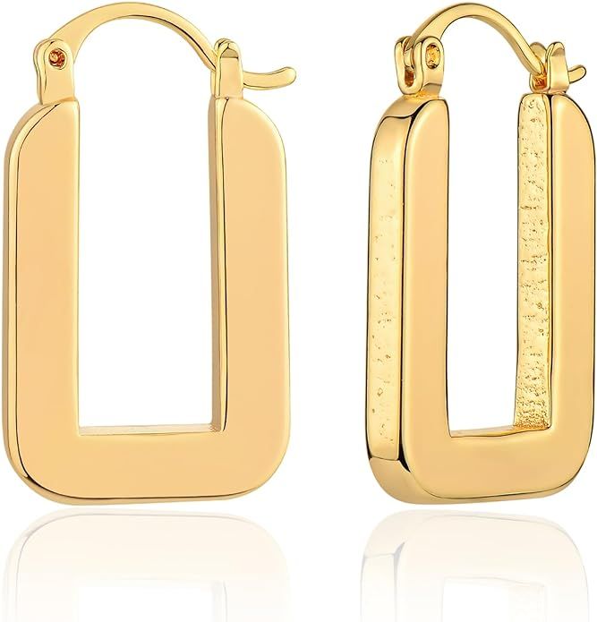 Gold Chunky Hoop Earrings for Women 14K Gold Plated S925 Huggie Hoop Earrings, Gold Polished Chun... | Amazon (US)