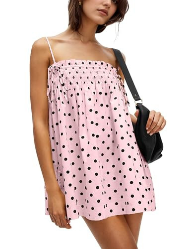 AIHUKOCY Women Polka Dot Sleeveless Square Neck Backless Spaghetti Strap Smocked Flowy Ruched Sexy Mini Cami Dress | Amazon (US)