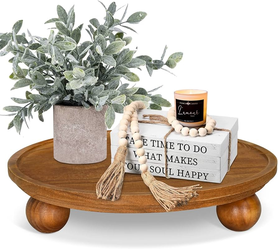Farmhouse Wood Tray Risers for Display, Wooden Decorative Tray for Kitchen Decor, Pedestal Stand ... | Amazon (US)