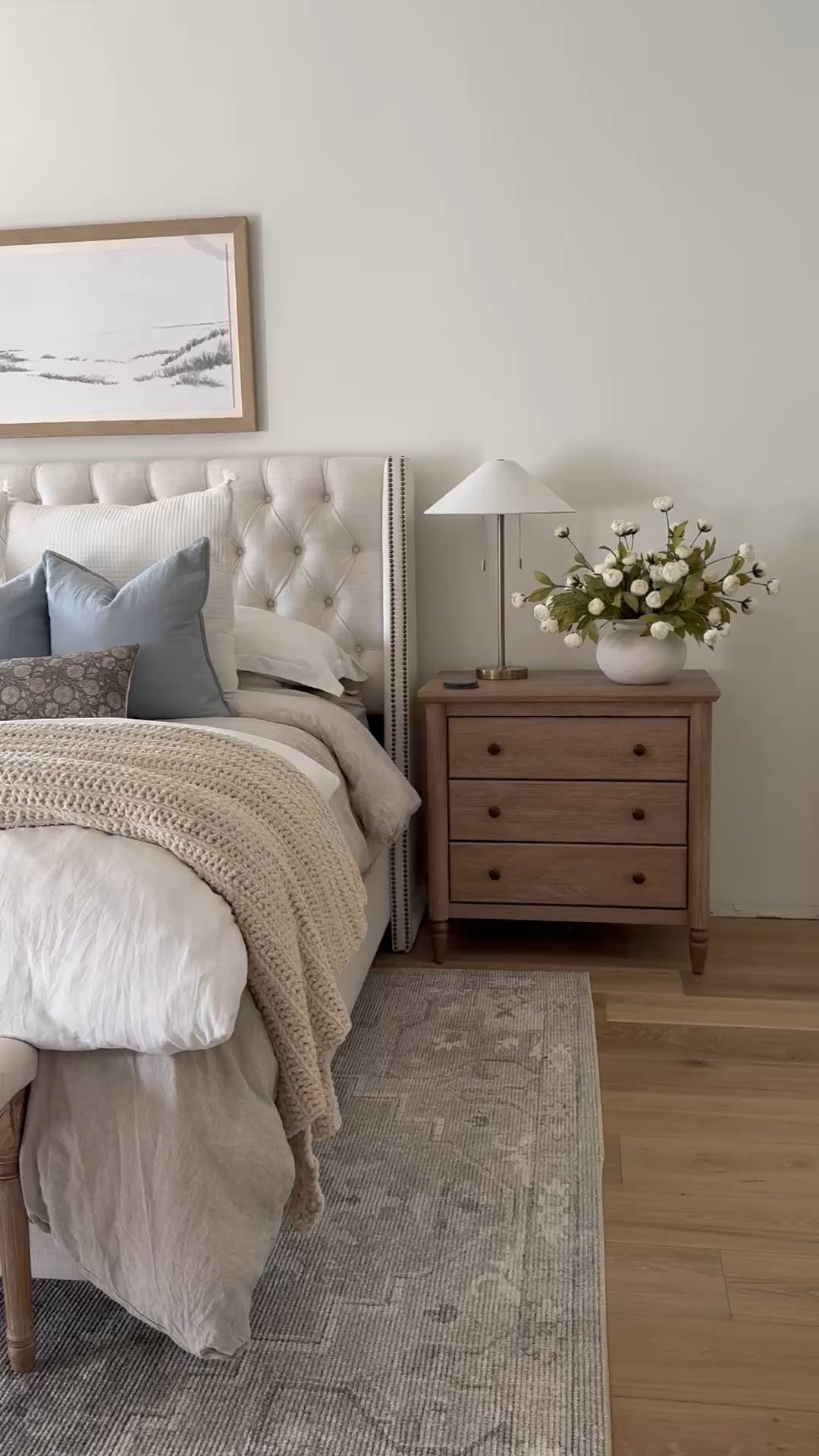 Primary bedroom. Master bedroom. Nightstand. Table lamp. Bedding. Area rug. Neutral bedroom. Linen curtains. Blackout curtains. Curtain rod  

#LTKHome