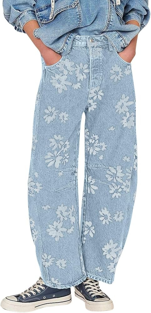 loveimgs Women Y2k Distressed Barrel Jeans Baggy Wide Leg Jeans Floral Printed Boyfriend Patchwor... | Amazon (US)