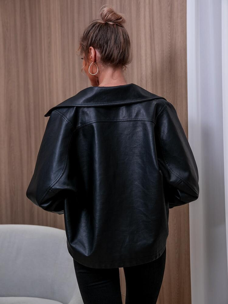 D&M Flap Pocket Oversize PU Leather Jacket | SHEIN