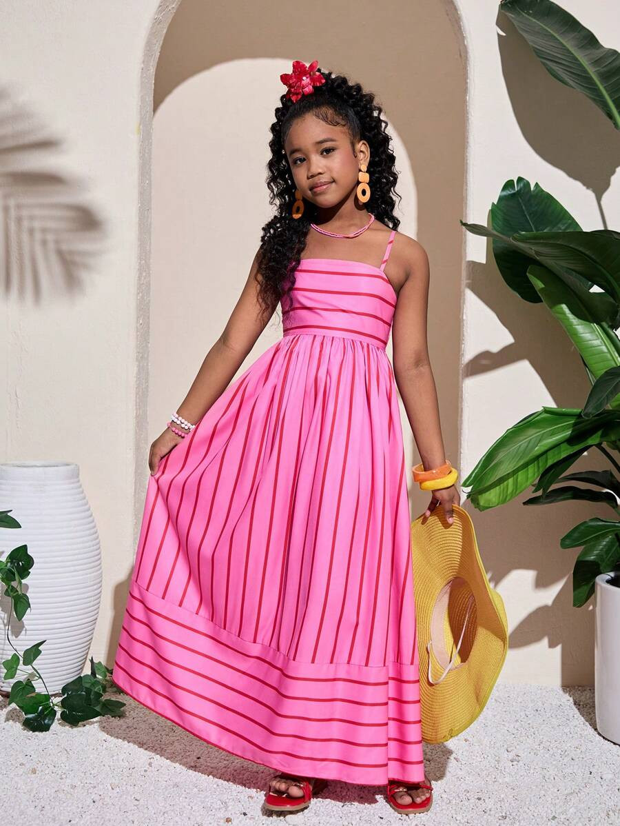 Tween Girls Fashion Vacation Pink Spaghetti Strap A-Line Long Dress | SHEIN