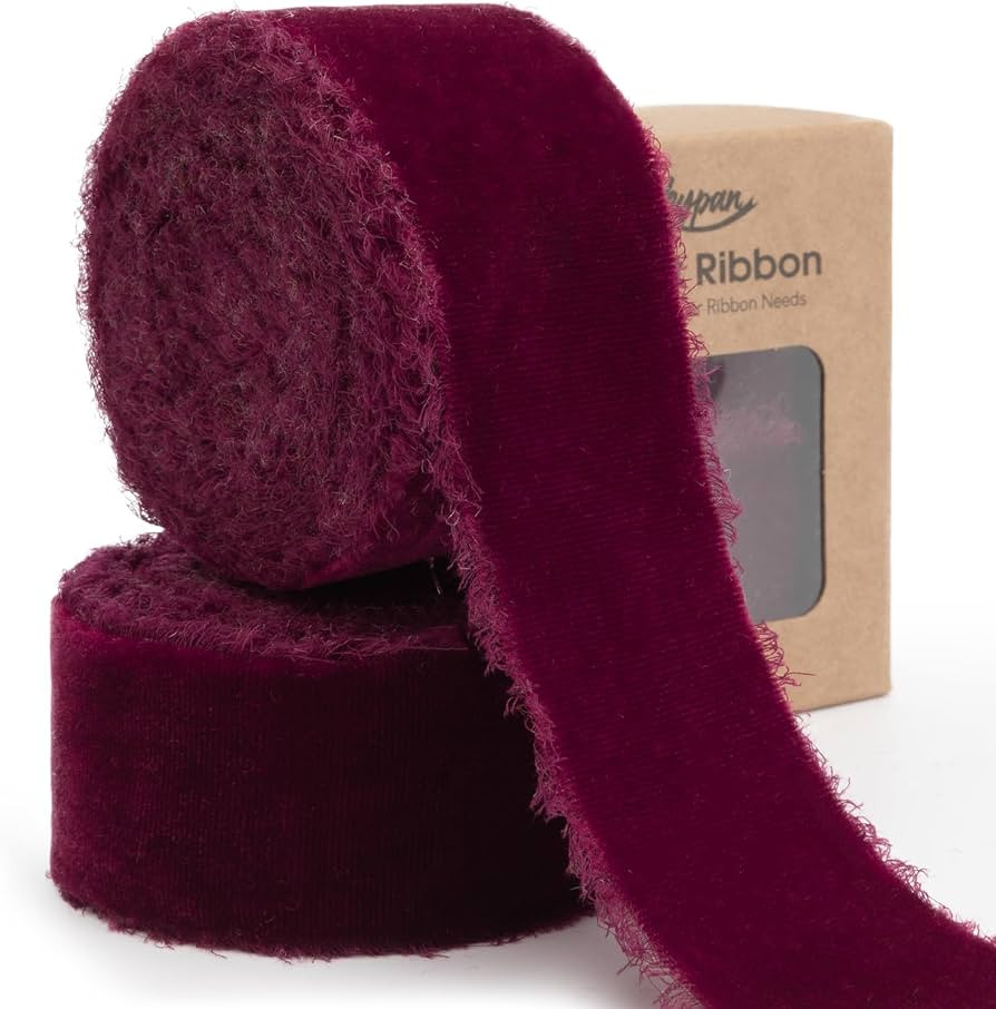 Burgundy Velvet Ribbon 1-1/2 Inch x 6 Yd Handmade Frayed Vintage Ribbons for Christmas Tree Home ... | Amazon (US)