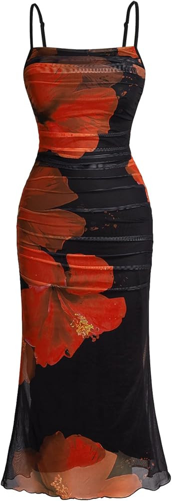 Milumia Women Floral Ruched Fishtail Bodycon Midi Dress Mesh Sleeveless Spaghetti Strap Cami Part... | Amazon (US)