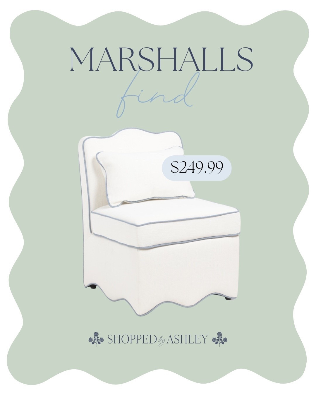 New scallop chair online at Marshalls! This is the larger accent chair size (compared to the dining chair).

Lillian August chair, scalloped chair, designer look, look for less, HomeGoods find, TJ Maxx find, blue and white chair, Grandmillennial decor 

#LTKHome